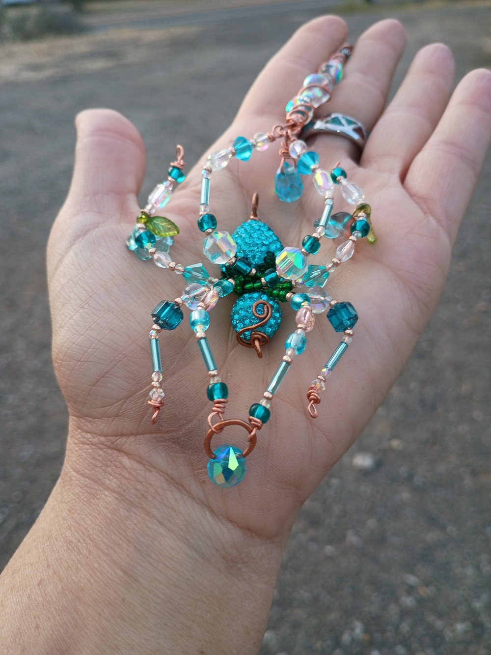 Teal and Copper Beaded Spider Ornament
